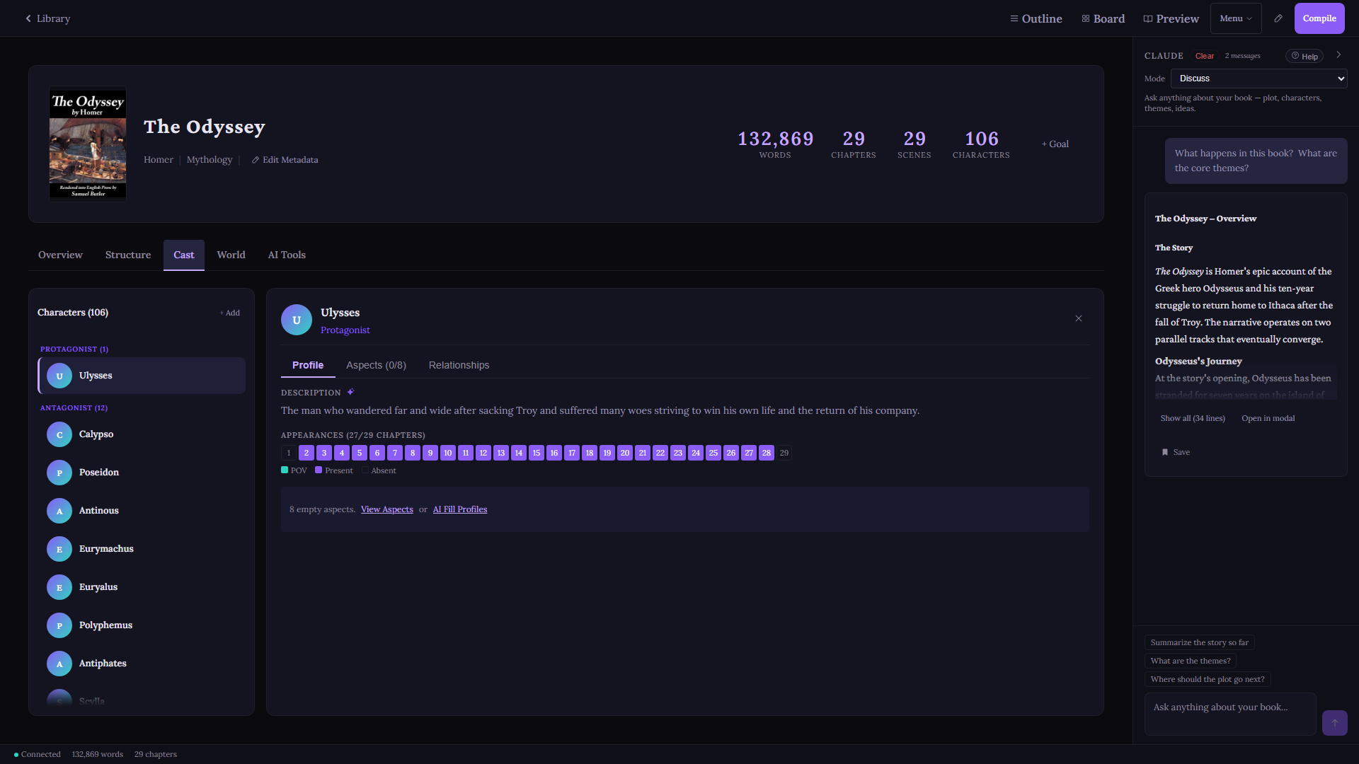 GrimoireScribe Cast tab showing 106 characters with appearance heatmap and profile editor